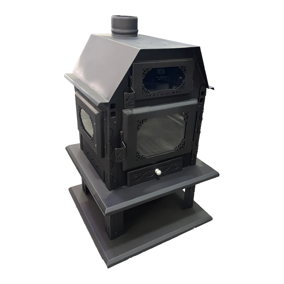 Decorative 3-Sided Gable Wood Stove with Oven & Fan WS027